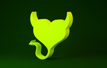Yellow Devil Heart With Horns And A Tail Icon Isolated On Green Background. Valentines Day Symbol. Minimalism Concept. 3d Illustration 3D Render