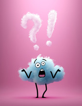 3d Render, Confused Cartoon Character, Blue Cotton Cloud Mascot, Question Mark, Exclamation Symbol. Clip Art Isolated On Pink Background