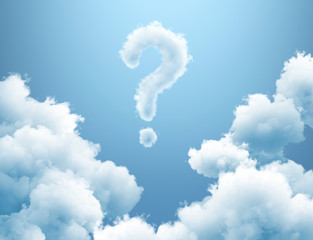 3d render, clouds over blue sky, cloudy question mark above, abstract curiosity concept. simple back