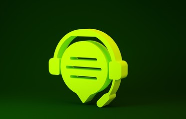 Canvas Print - Yellow Headphones with speech bubble chat icon isolated on green background. Support customer service, hotline, call center, faq, maintenance. Minimalism concept. 3d illustration 3D render