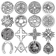 Set Of Decorative Circle Ornament Of Carved Flowers. Round Christian Cross. Square And Compass, Masonic. Nautical, Marine Anchor And Skull. Horseshoe Luck Amulet. Knights Templar Crusader Pin. Vector.