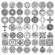 Set of decorative circle and square ornament of carved flowers. Round Christian cross, five pointed star. Square and Compass, Masonic. Nautical, marine anchor, skull. Horseshoe luck amulet. Vector.