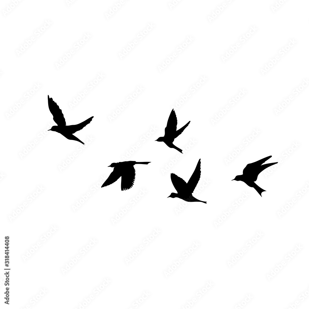 Silhouette of flying birds on white background. Inspirational body flash tattoo ink. Vector. - obrazy, fototapety, plakaty 