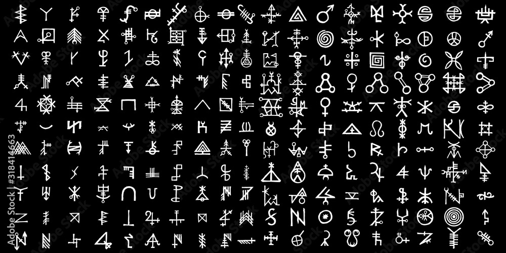 Large set of alchemical symbols isolated on white background. Hand drawn and written elements for signs design. Inspiration by mystical, esoteric, occult theme. Vector. - obrazy, fototapety, plakaty 