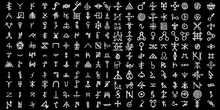 Large Set Of Alchemical Symbols Isolated On White Background. Hand Drawn And Written Elements For Signs Design. Inspiration By Mystical, Esoteric, Occult Theme. Vector.
