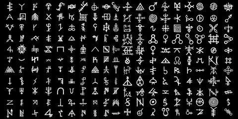 Large set of alchemical symbols isolated on white background. Hand drawn and written elements for signs design. Inspiration by mystical, esoteric, occult theme. Vector.