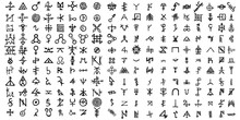 Large Set Of Alchemical Symbols On The Theme Of Old Manuscript With Occult Lyrics Alphabet And Symbols. Esoteric Written Signs Inspired By Medieval Writings. Vector