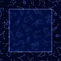 Wall Mural - Astrology banner with luminous zodiac signs on deep blue background. Mystical background with copy space for astrology prediction. Abstract design of horoscope constellation vector illustration.