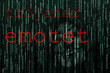 graphic for the ransomware emotet, red font on a green matrix background and a anonymous maskvirus, trojanerr, hacker 