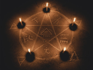 Poster - White pentagram symbol on concrete ground. Illuminated with candles. Dark background. Scary, mystical occultism 