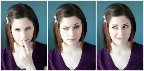 Multiple images of a young woman making different faces