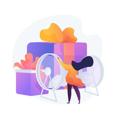 Wall Mural - Woman turning raffle drum with tickets. Prize draw, random choice, surprise reward. Gambling entertainment show., jackpot winner selection. Vector isolated concept metaphor illustration