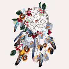 Boho Vector Fashion Illustration With Dreamcatcher, Colorful Feathers, Leaves