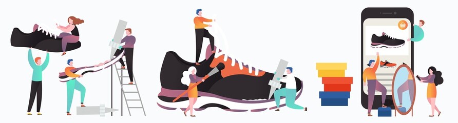 Wall Mural - Sneakers manufacturing and sale process vector concept for web banner, website page