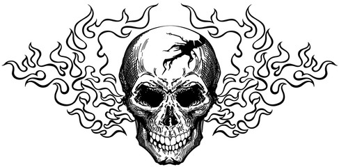 burning human skull in the tongues of fire. Front view tattoo. Black and white isolated vector illustration