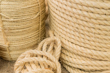 Close Up View Of Twisted Rope Made Of Sisal. Background