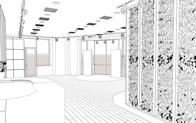 interior contour visualization, 3D illustration, sketch, outline