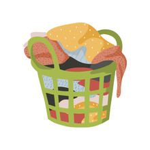 Isolated On White Background Basket With A Bunch Of Dirty Laundry. Vector Flat Illustration.