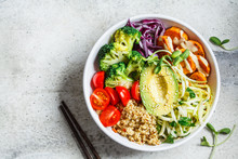 Buddha Bowl Salad With Quinoa, Avocado, Broccoli, Sweet Potato And Tahini Dressing, Gray Background.