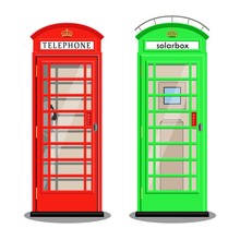 A Classic Red Phone Box And A Green Solarbox In London. Vector Illustration, Flat Style.