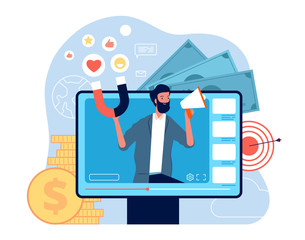 Wall Mural - video marketing concept. self promo video blogging network social communication advertising vector. 