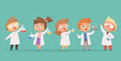Chemistry kids. Science children school characters in lab vector cartoon people. School lab and student experiment, scientific research illustration