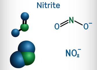 Poster - Nitrite anion, NO2- molecule. Structural chemical formula and molecule model