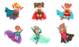 Fototapeta Pokój dzieciecy - Kid Superheroes Collection, Cute Little Boys and Girls Wearing Colorful Comics Costumes, Birthday Party, Festival Design Element Vector Illustration
