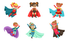 Kid Superheroes Collection, Cute Little Boys And Girls Wearing Colorful Comics Costumes, Birthday Party, Festival Design Element Vector Illustration