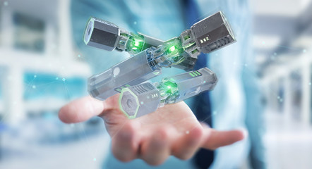 Poster - Man holding and touching green renewable energy battery 3D rendering