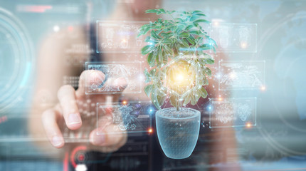Fototapete - Woman holding and touching holographic projection of a plant with digital analysis 3D rendering