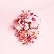 Flowers Composition. Pink Flowers On Pastel Pink Background. Valentines Day, Mothers Day, Womens Day Concept. Flat Lay, Top View