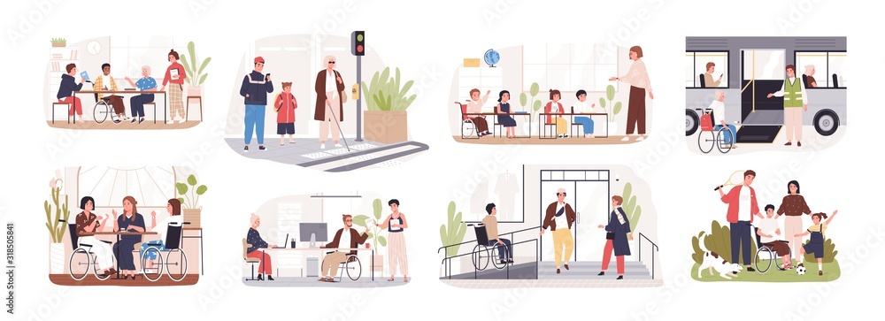 Set of disabled cartoon people care at public place vector flat illustration. Collection of handicapped person in wheelchairs isolated on white background. Concept of inclusion at modern society. - obrazy, fototapety, plakaty 