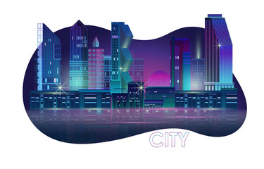 Wall Mural - Night city panorama with neon glow. Vector illustration.