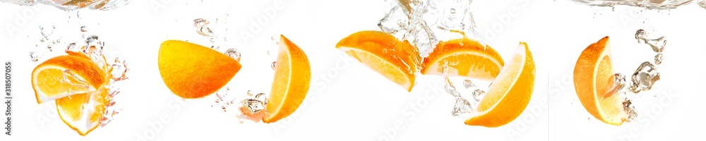fresh orange with water splash on white - obrazy, fototapety, plakaty 