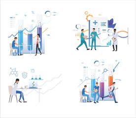 Wall Mural - Set of chemists analyzing material in test tubes. Flat vector illustrations of doctors writing medical report. Biology, laboratory analyses concept for banner, website design or landing web page