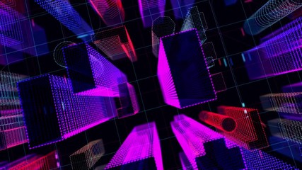 Wall Mural - Cyber city aerial view from virtual drone flying over scyscrapers. Abstract hologram buildings seamless loop 3D rendering animation. Modern neon night cityscape. Futuristic digital loopable background