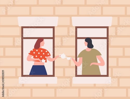 Two Female Neighbors Drinking Tea Together Vector Flat Illustration Cartoon Woman Gossiping Through Window Inside Home Exterior Of Building Friendship And Neighborhood Concept Stock Vector Adobe Stock