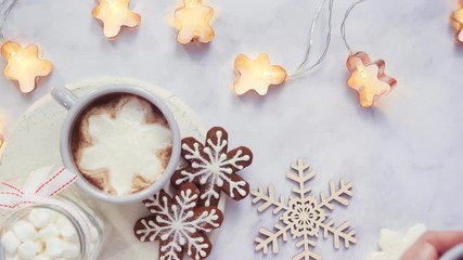 Poster - Flat lay. American hot chocolate with marshmallow toppings.