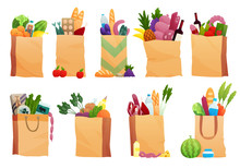 Set Of Paper Bag With Fresh Food - Vector Illustration In Flat Style. Different Food And Beverage Products, Grocery Shopping. Fruits, Vegetables, Ham, Cheese, Bread, Milk