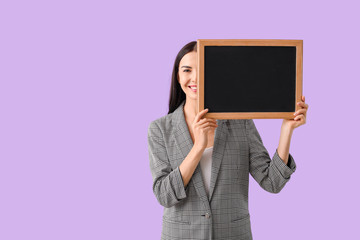 Poster - Female teacher with chalkboard on color background