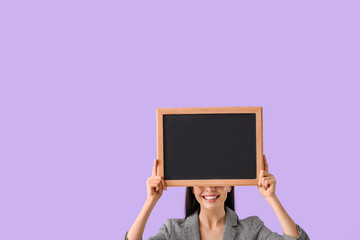 Poster - Female teacher with chalkboard on color background