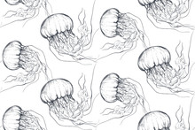Vector Monochrome Seamless Sea Pattern With Jellyfish. Underwater World