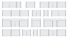 Set Of Isolated Chain Link Fences With Barbed Wires And Chainlink, Entrance Or Gate, Cage Wicket. Barrier For Jail Or Obstacle For Security, Steel Or Metal Wall With Barbwire, Chained Military Border