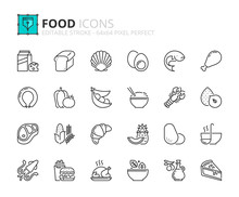 Simple Set Of Outline Icons About Food. Fruit And Vegetables, Protein, And Grains