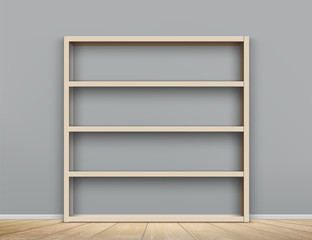 Wooden empty bookshelf in the room. Shelves cabinet