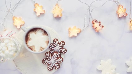 Poster - Flat lay. American hot chocolate with marshmallow toppings.