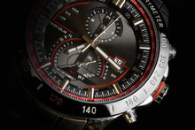 Luxury  Sport Chronograph Black Analog Men's Watch Silver Red Steel For Men Luxury On Black Background - Detail View
