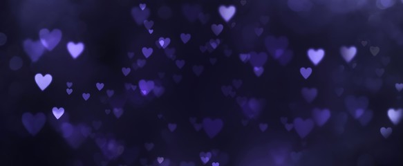 Wall Mural - abstract dark bokeh background banner with hearts - birthday, father's day, valentine's day panorama
