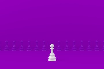 White and purple chess pawn on purple background, Business leadership, Teamwork power and confidence concept, 3d rendering